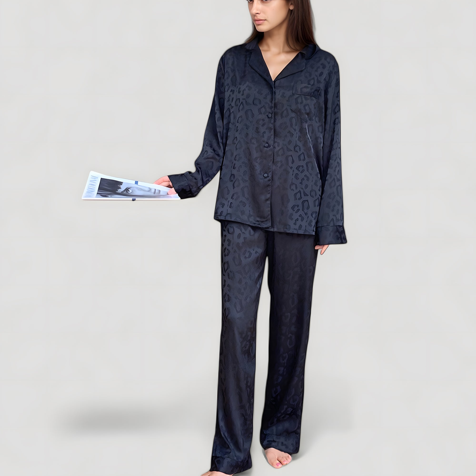 Anna-Kaci Lounge Women's Long Sleeve Button Up Pajama Set with Satin Leopard Texture and Relaxed Fit Pants