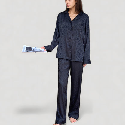 Anna-Kaci Lounge Women's Long Sleeve Button Up Pajama Set with Satin Leopard Texture and Relaxed Fit Pants