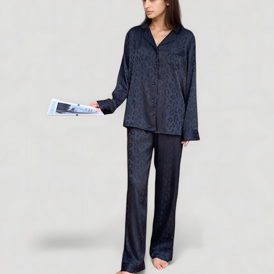 Anna-Kaci Lounge Women's Long Sleeve Button Up Pajama Set with Satin Leopard Texture and Relaxed Fit Pants
