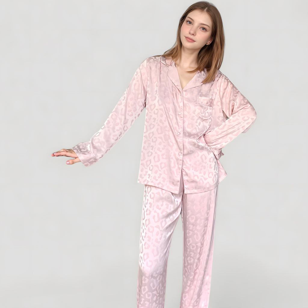 Anna-Kaci Lounge Women's Long Sleeve Button Up Pajama Set with Satin Leopard Texture and Relaxed Fit Pants