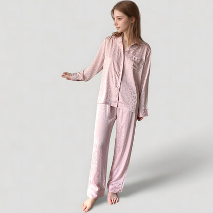 Anna-Kaci Lounge Women's Long Sleeve Button Up Pajama Set with Satin Leopard Texture and Relaxed Fit Pants
