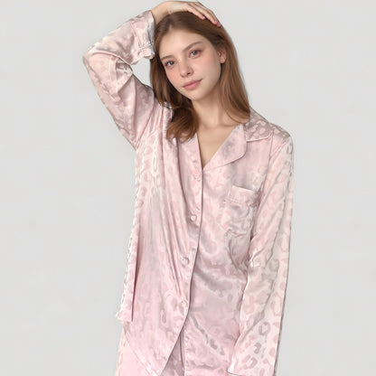 Anna-Kaci Lounge Women's Long Sleeve Button Up Pajama Set with Satin Leopard Texture and Relaxed Fit Pants