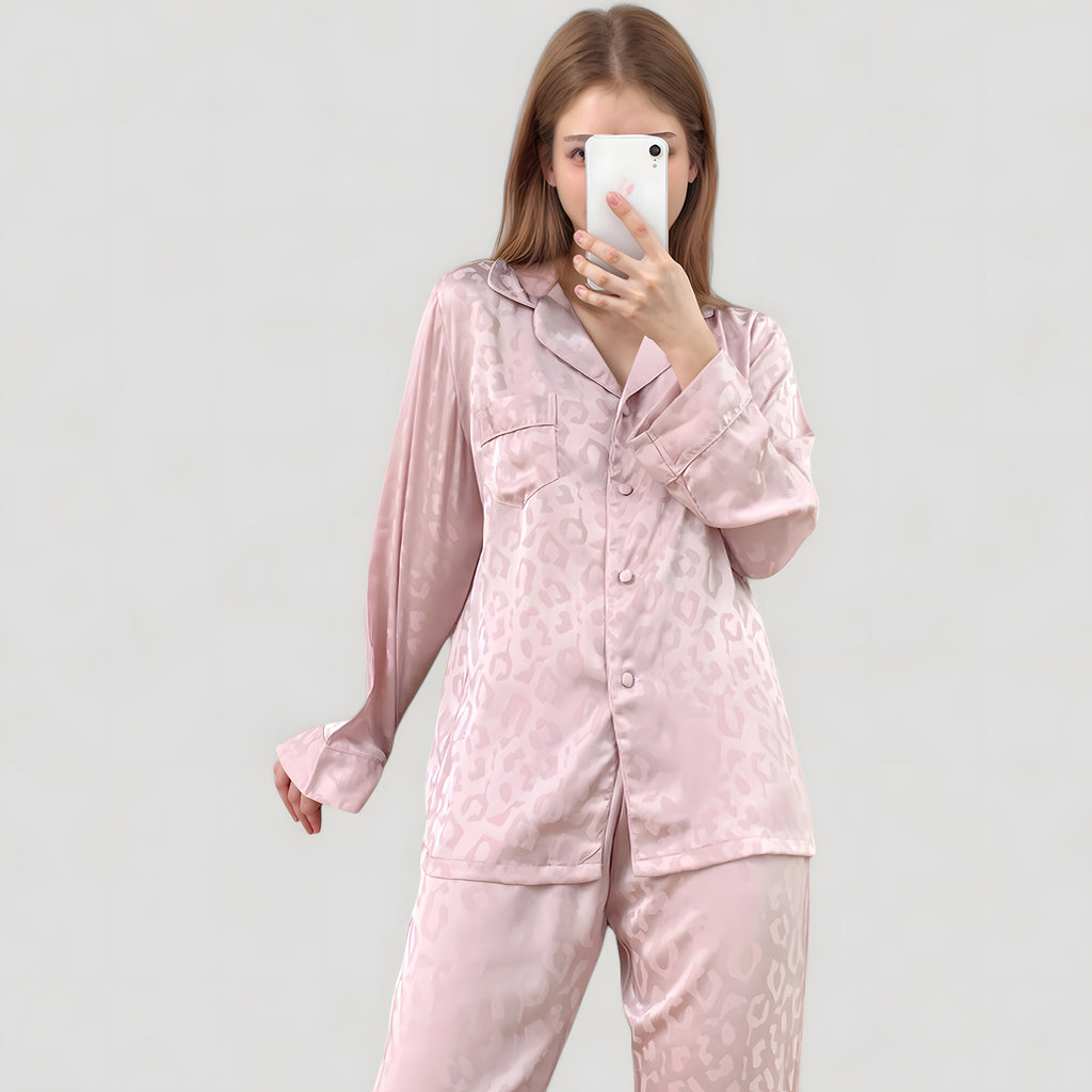 Anna-Kaci Lounge Women's Long Sleeve Button Up Pajama Set with Satin Leopard Texture and Relaxed Fit Pants