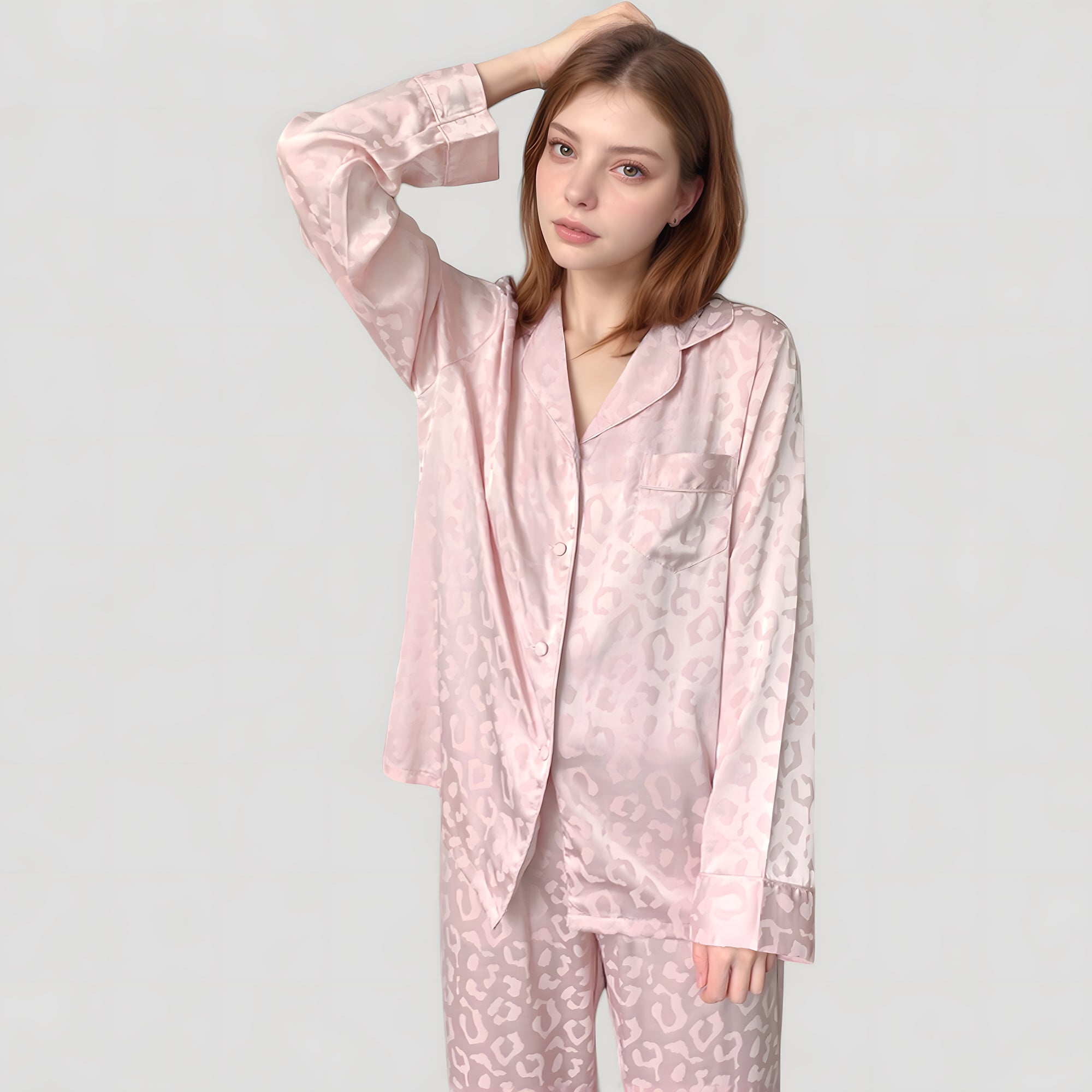 Anna-Kaci Lounge Women's Long Sleeve Button Up Pajama Set with Satin Leopard Texture and Relaxed Fit Pants