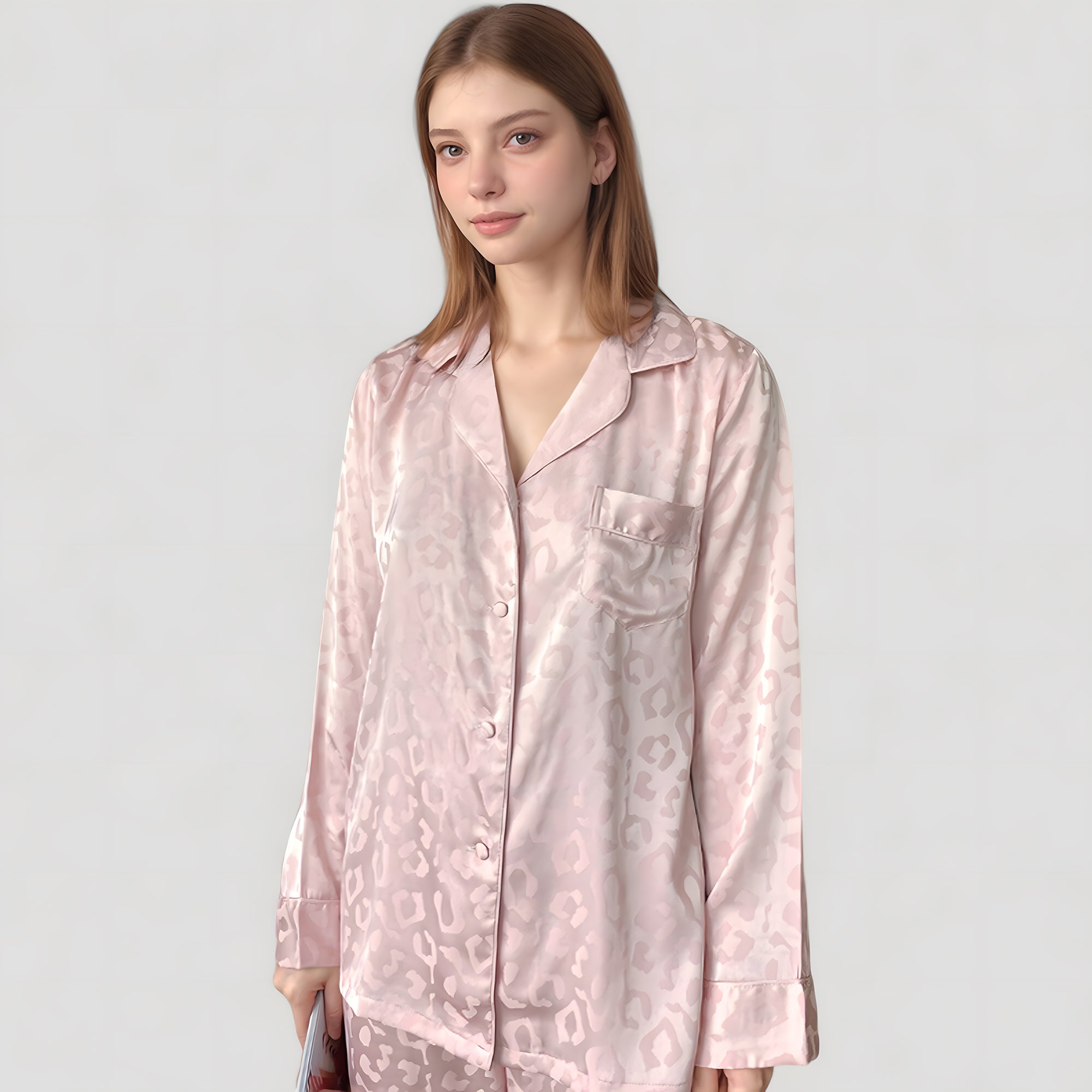 Anna-Kaci Lounge Women's Long Sleeve Button Up Pajama Set with Satin Leopard Texture and Relaxed Fit Pants
