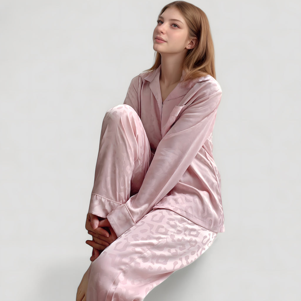 Anna-Kaci Lounge Women's Long Sleeve Button Up Pajama Set with Satin Leopard Texture and Relaxed Fit Pants