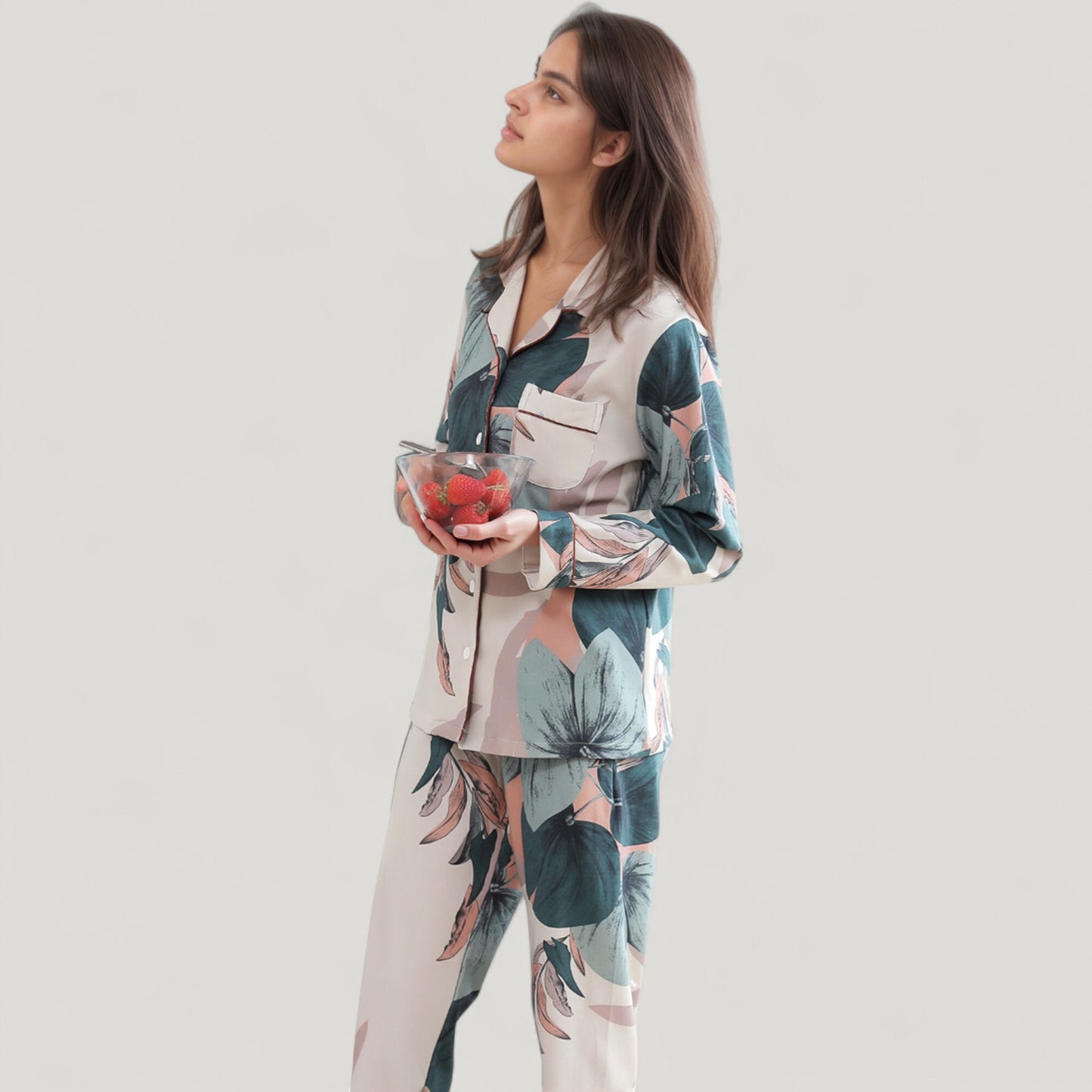 Anna-Kaci Lounge Women's Floral Print Satin Pajama Set Long Sleeve Button-Up Top with Contrast Piping and Matching Lounge Pants