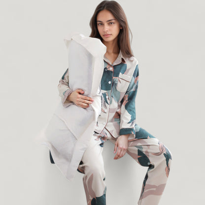 Anna-Kaci Lounge Women's Floral Print Satin Pajama Set Long Sleeve Button-Up Top with Contrast Piping and Matching Lounge Pants