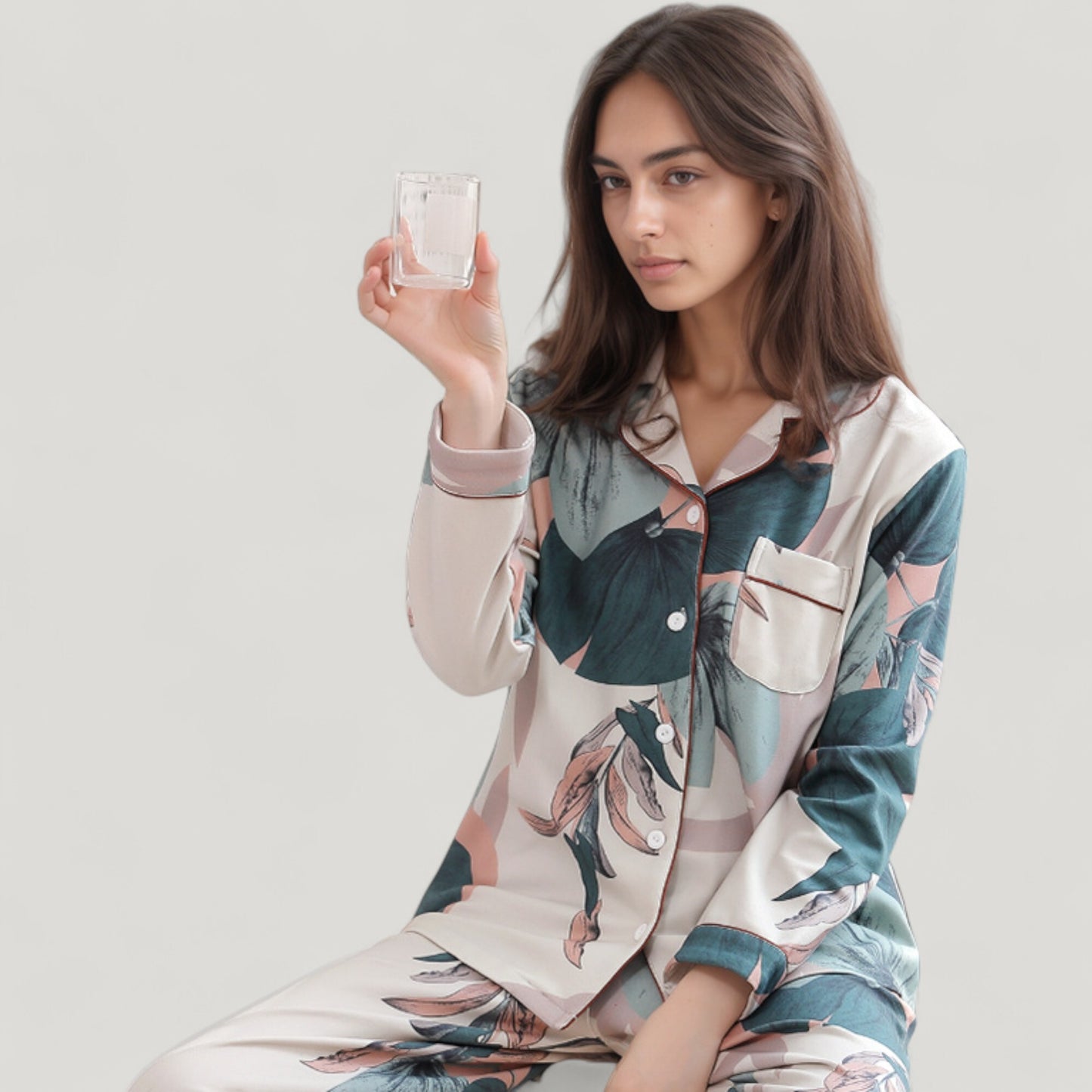 Anna-Kaci Lounge Women's Floral Print Satin Pajama Set Long Sleeve Button-Up Top with Contrast Piping and Matching Lounge Pants