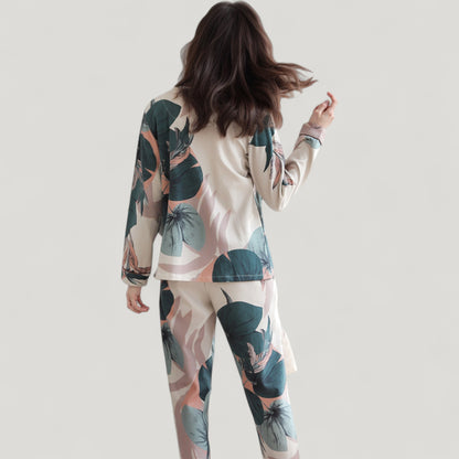 Anna-Kaci Lounge Women's Floral Print Satin Pajama Set Long Sleeve Button-Up Top with Contrast Piping and Matching Lounge Pants