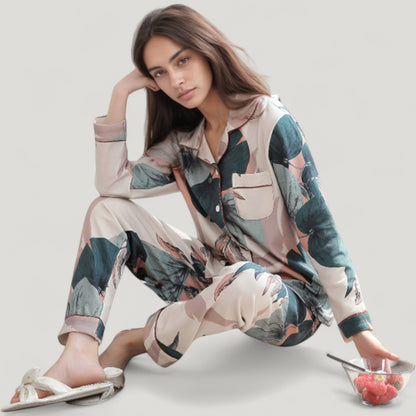 Anna-Kaci Lounge Women's Floral Print Satin Pajama Set Long Sleeve Button-Up Top with Contrast Piping and Matching Lounge Pants