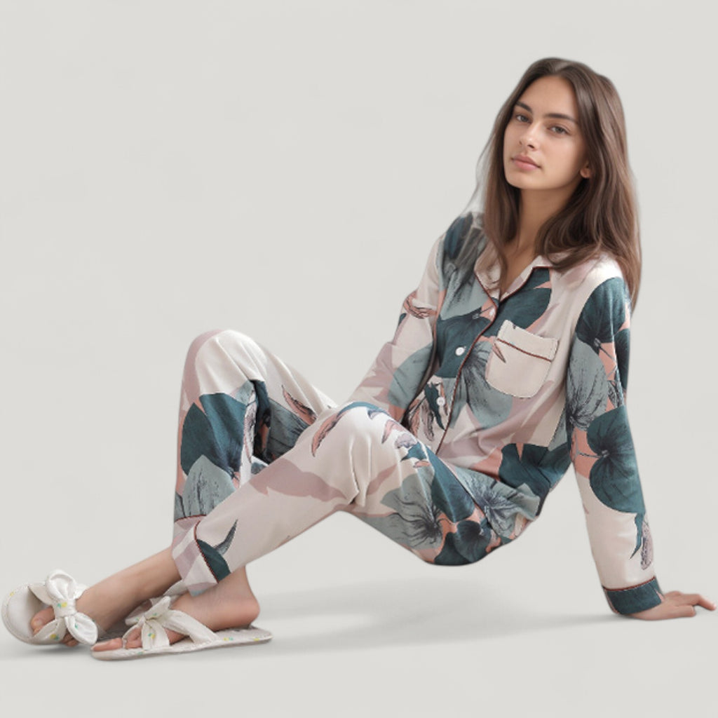 Anna-Kaci Lounge Women's Floral Print Satin Pajama Set Long Sleeve Button-Up Top with Contrast Piping and Matching Lounge Pants