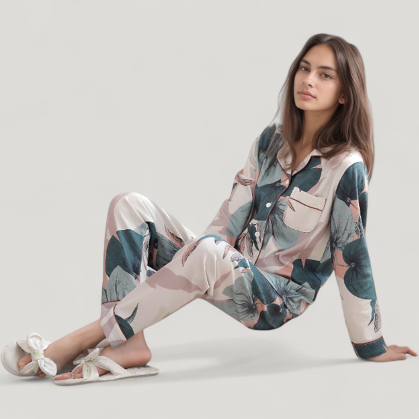 Anna-Kaci Lounge Women's Floral Print Satin Pajama Set Long Sleeve Button-Up Top with Contrast Piping and Matching Lounge Pants