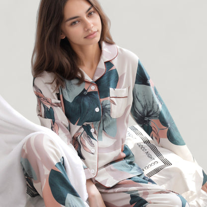 Anna-Kaci Lounge Women's Floral Print Satin Pajama Set Long Sleeve Button-Up Top with Contrast Piping and Matching Lounge Pants