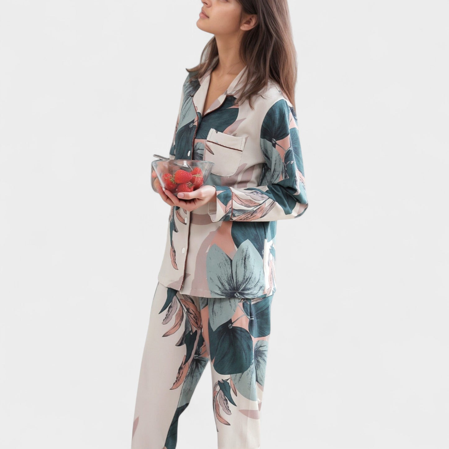 Anna-Kaci Lounge Women's Floral Print Satin Pajama Set Long Sleeve Button-Up Top with Contrast Piping and Matching Lounge Pants