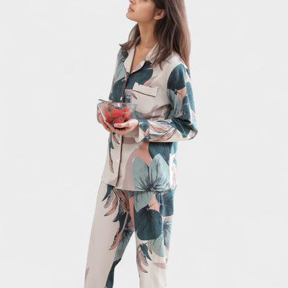 Anna-Kaci Lounge Women's Floral Print Satin Pajama Set Long Sleeve Button-Up Top with Contrast Piping and Matching Lounge Pants