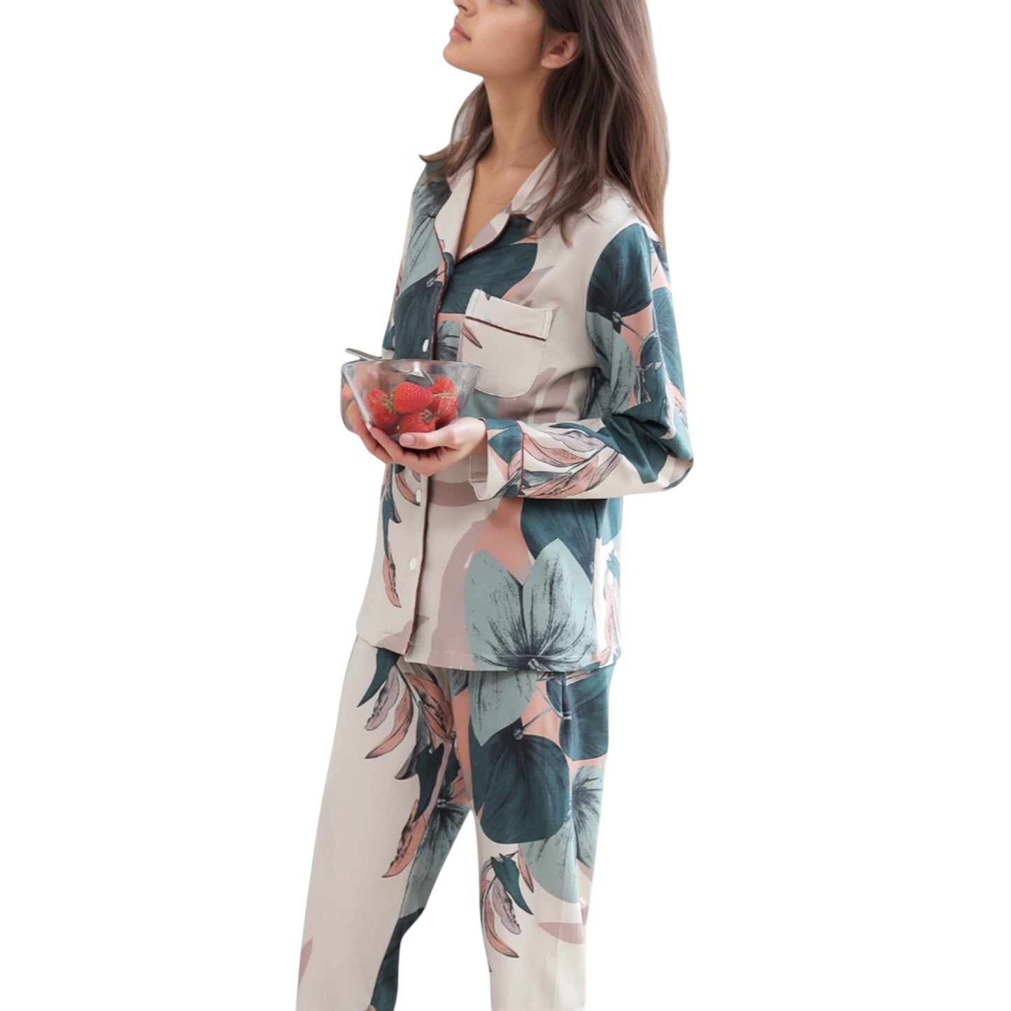 Anna-Kaci Lounge Women's Floral Print Satin Pajama Set Long Sleeve Button-Up Top with Contrast Piping and Matching Lounge Pants