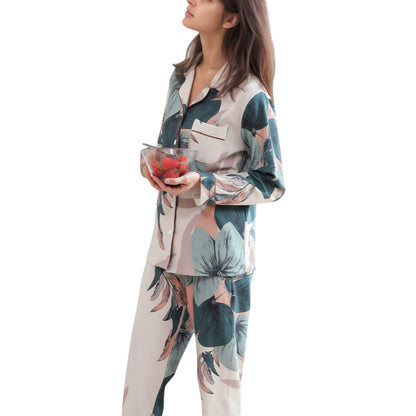 Anna-Kaci Lounge Women's Floral Print Satin Pajama Set Long Sleeve Button-Up Top with Contrast Piping and Matching Lounge Pants