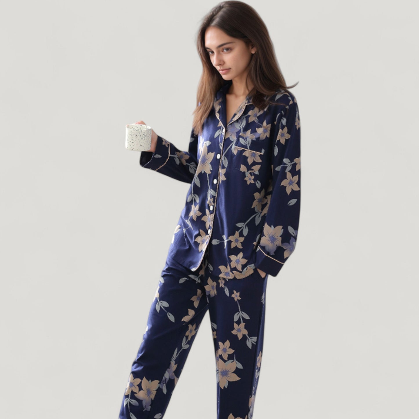 Anna-Kaci Lounge Women's Floral Print Satin Pajama Set Long Sleeve Button-Up Top with Contrast Piping and Matching Lounge Pants