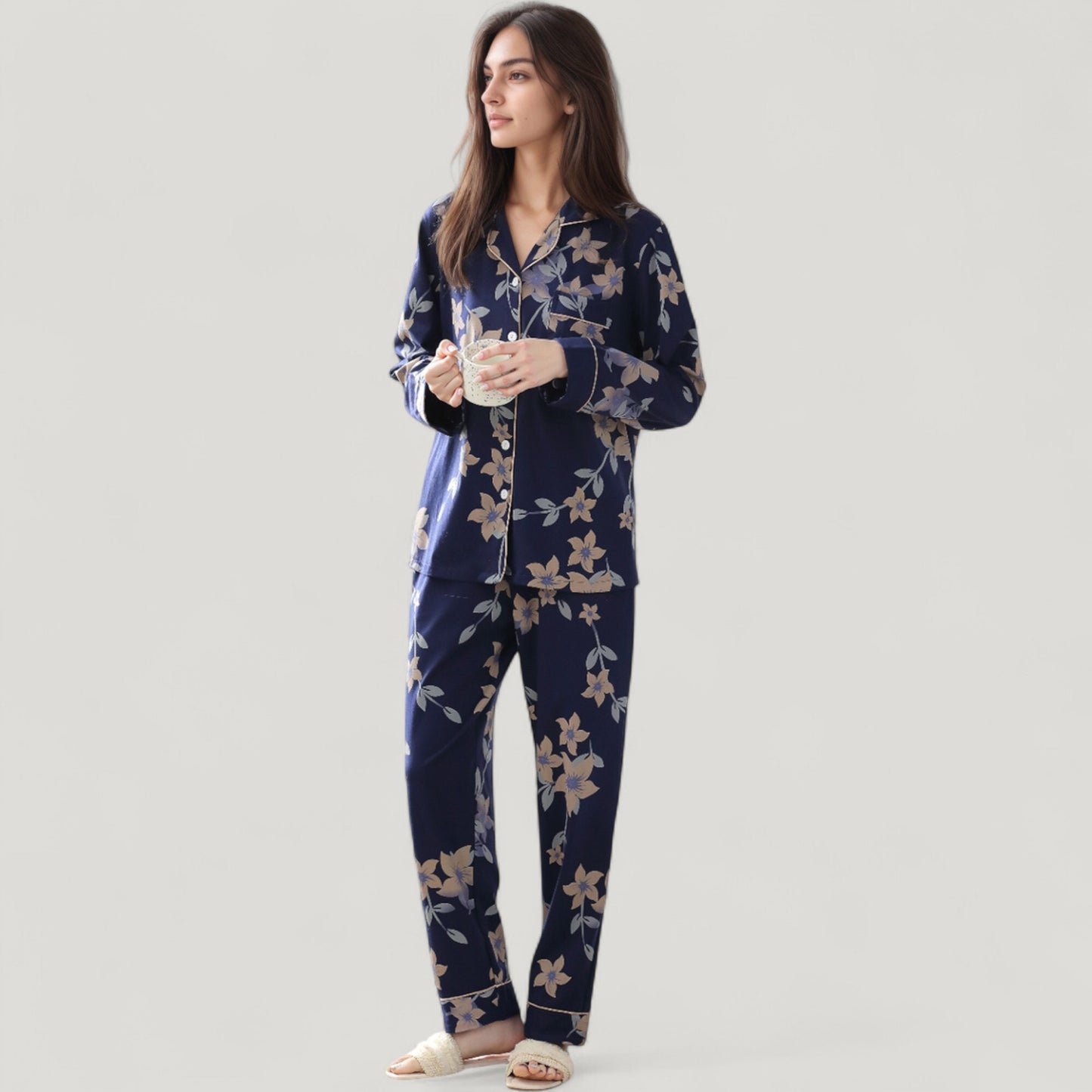 Anna-Kaci Lounge Women's Floral Print Satin Pajama Set Long Sleeve Button-Up Top with Contrast Piping and Matching Lounge Pants