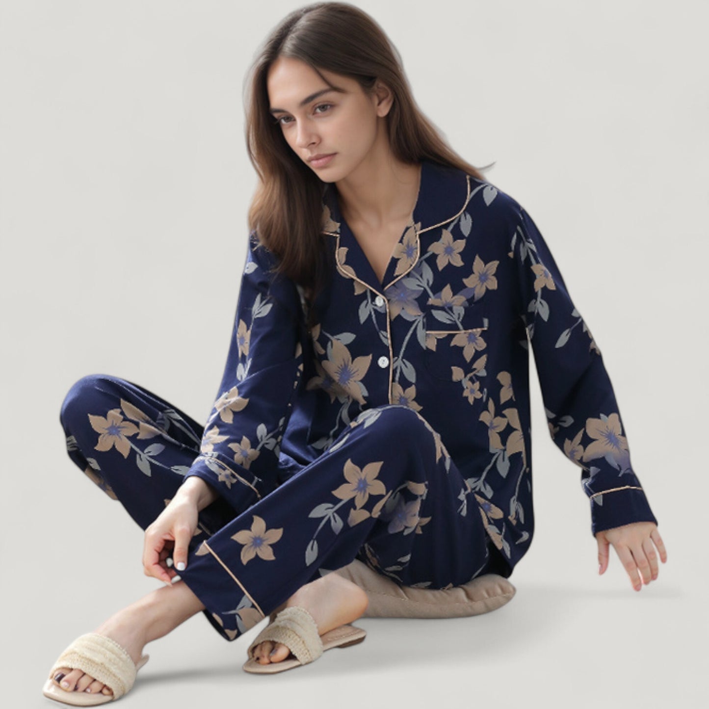 Anna-Kaci Lounge Women's Floral Print Satin Pajama Set Long Sleeve Button-Up Top with Contrast Piping and Matching Lounge Pants