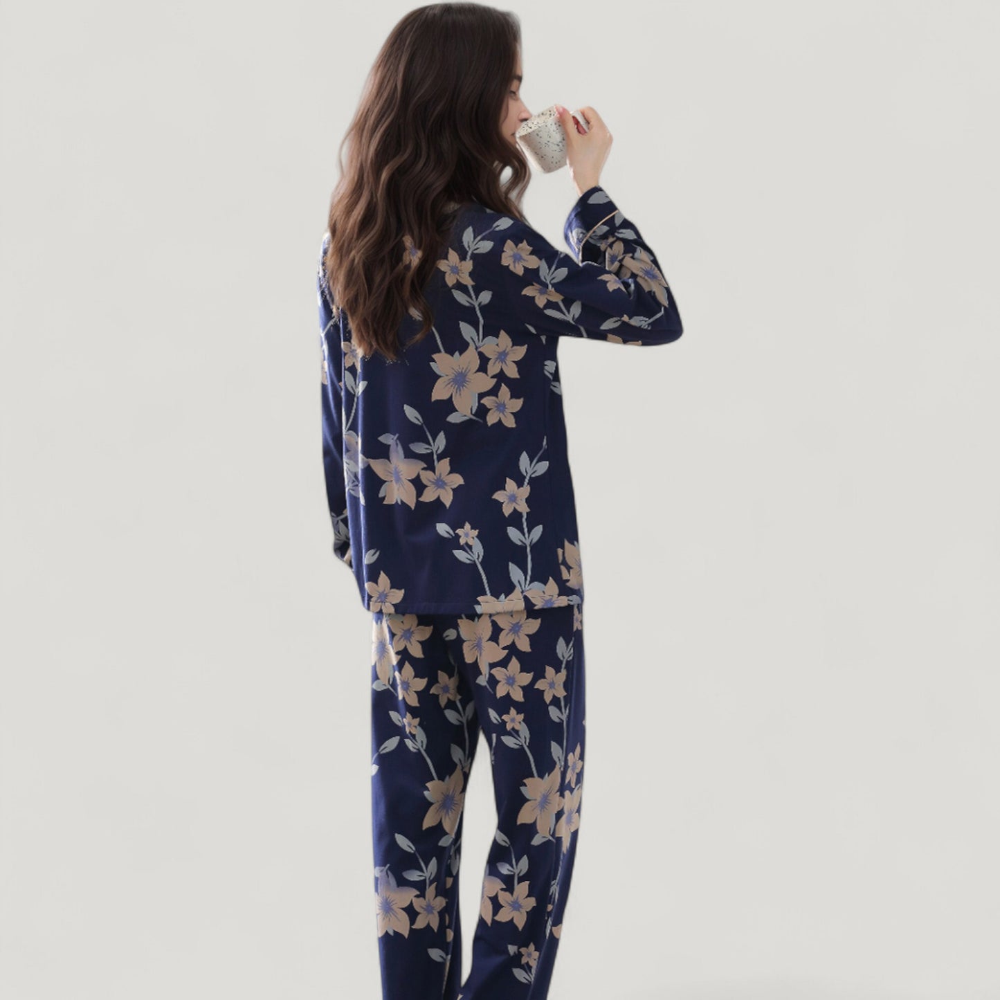 Anna-Kaci Lounge Women's Floral Print Satin Pajama Set Long Sleeve Button-Up Top with Contrast Piping and Matching Lounge Pants