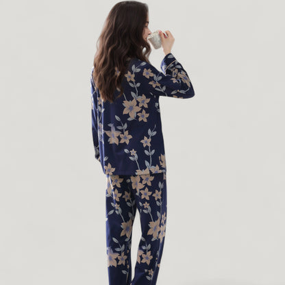 Anna-Kaci Lounge Women's Floral Print Satin Pajama Set Long Sleeve Button-Up Top with Contrast Piping and Matching Lounge Pants