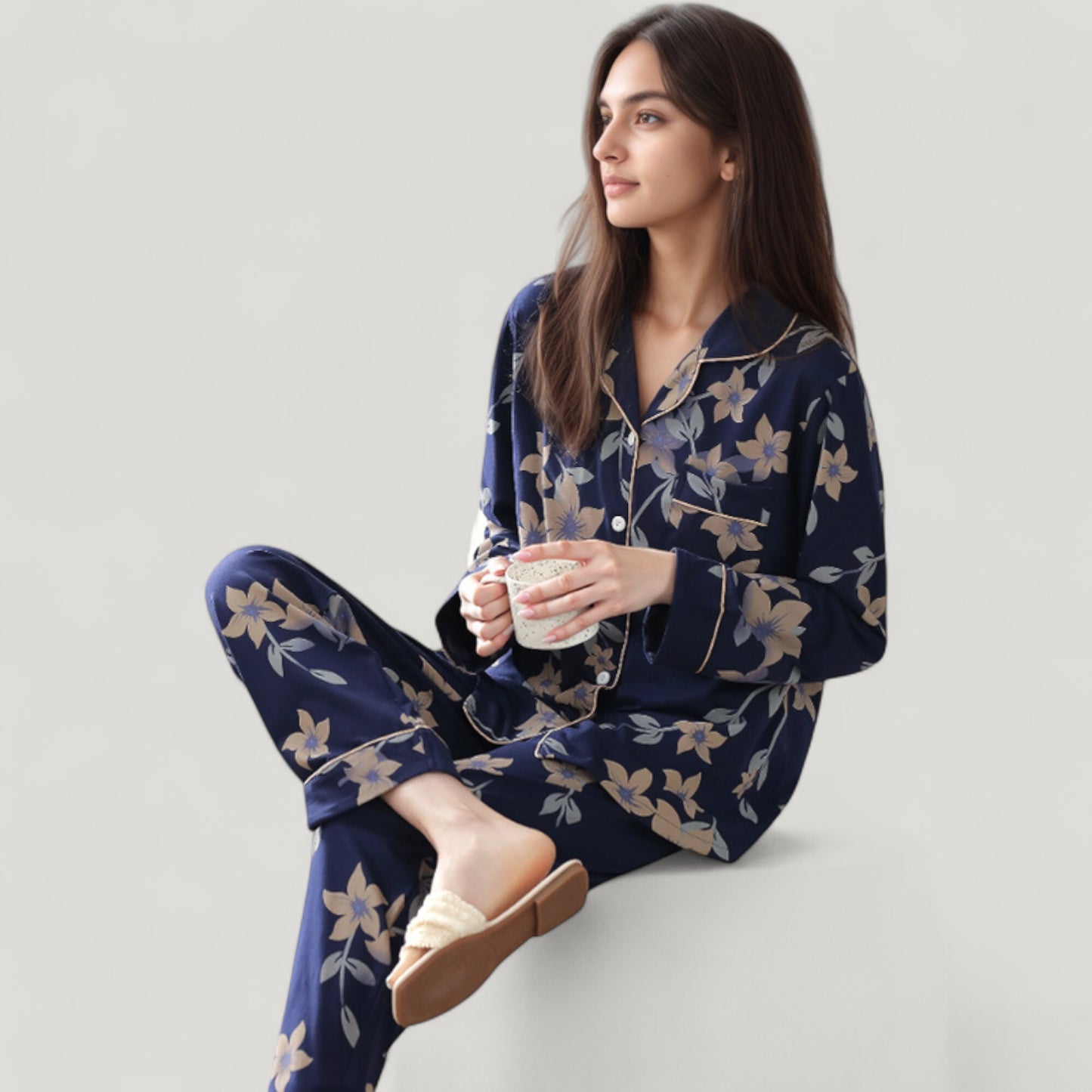 Anna-Kaci Lounge Women's Floral Print Satin Pajama Set Long Sleeve Button-Up Top with Contrast Piping and Matching Lounge Pants