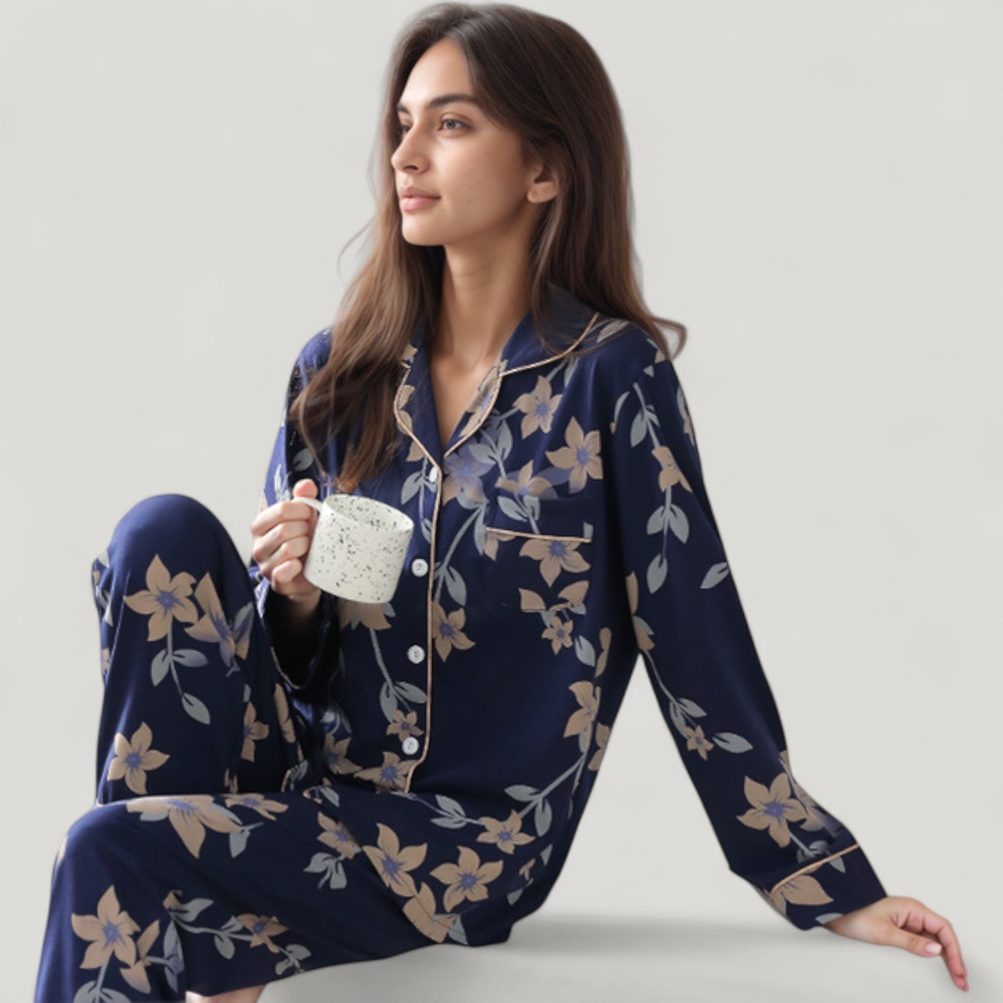 Anna-Kaci Lounge Women's Floral Print Satin Pajama Set Long Sleeve Button-Up Top with Contrast Piping and Matching Lounge Pants
