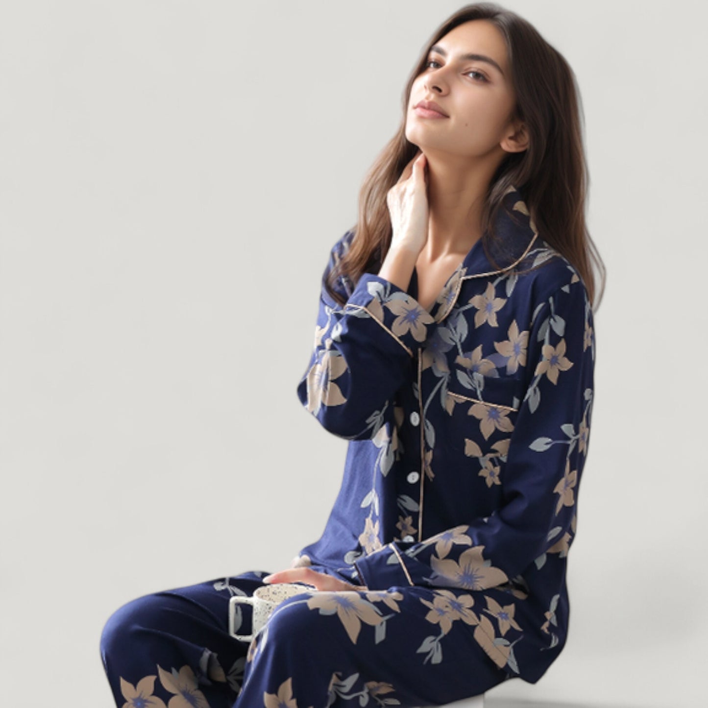 Anna-Kaci Lounge Women's Floral Print Satin Pajama Set Long Sleeve Button-Up Top with Contrast Piping and Matching Lounge Pants