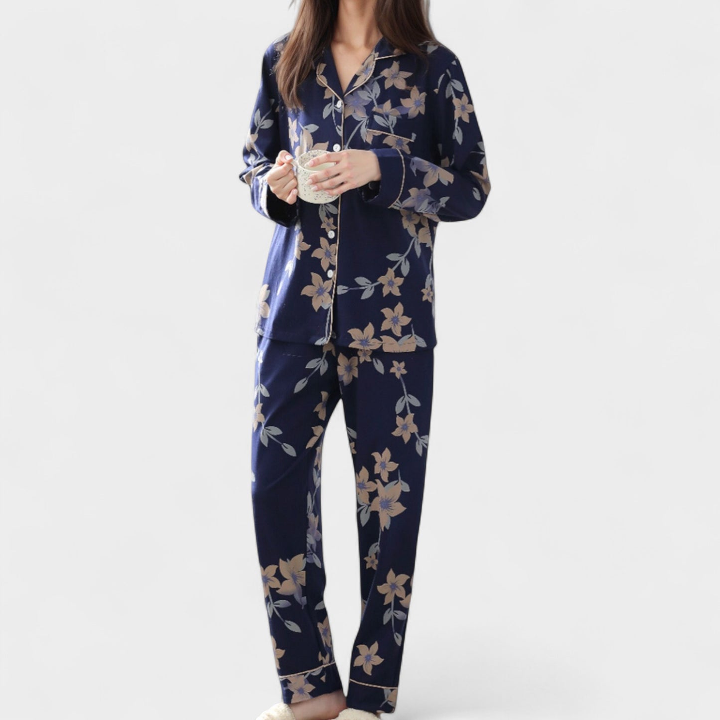 Anna-Kaci Lounge Women's Floral Print Satin Pajama Set Long Sleeve Button-Up Top with Contrast Piping and Matching Lounge Pants