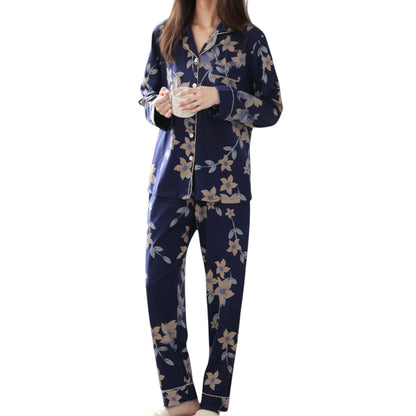 Anna-Kaci Lounge Women's Floral Print Satin Pajama Set Long Sleeve Button-Up Top with Contrast Piping and Matching Lounge Pants