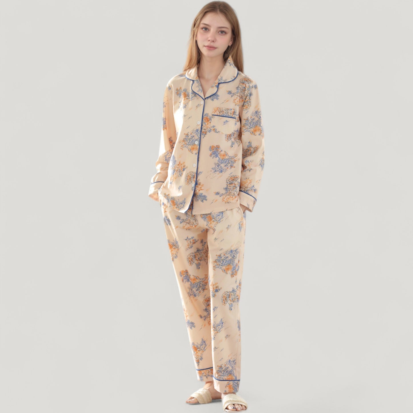 Anna-Kaci Lounge Women's Floral Print Satin Pajama Set Long Sleeve Button-Up Top with Contrast Piping and Matching Lounge Pants