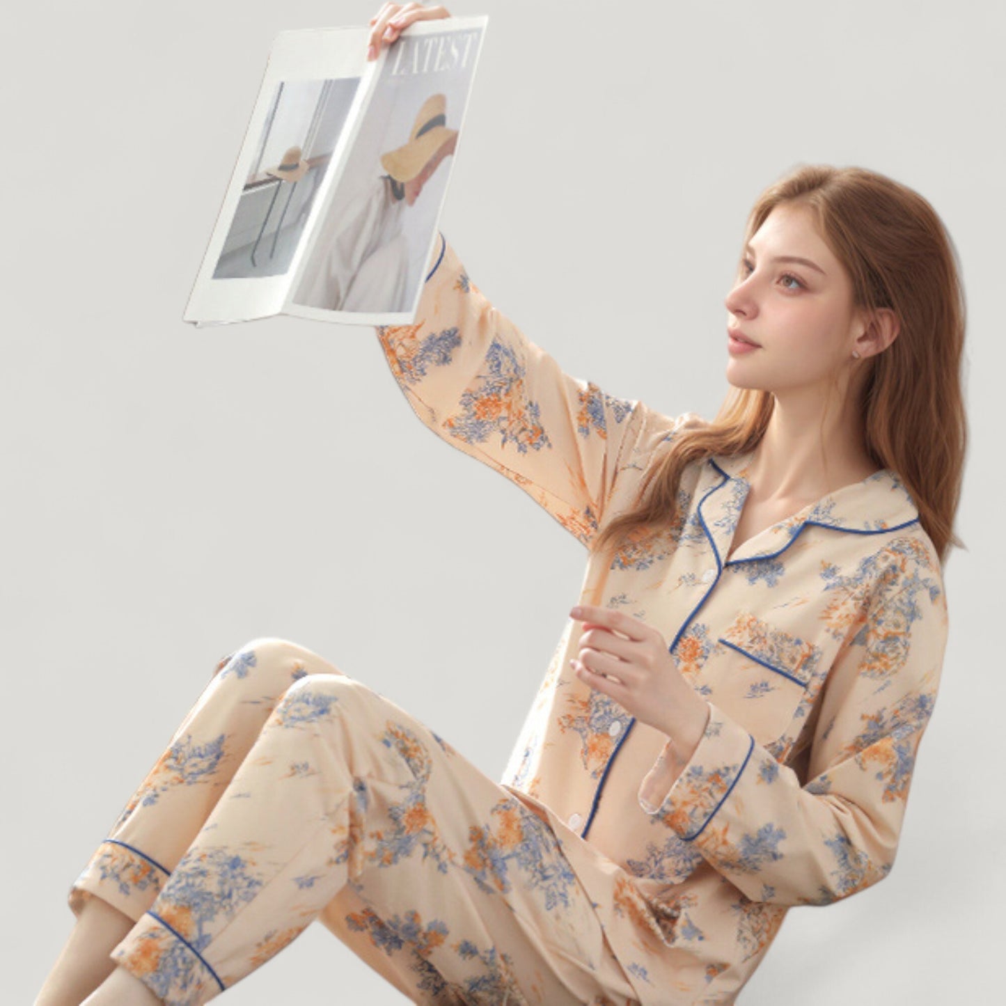 Anna-Kaci Lounge Women's Floral Print Satin Pajama Set Long Sleeve Button-Up Top with Contrast Piping and Matching Lounge Pants