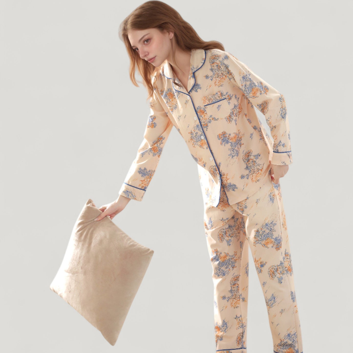 Anna-Kaci Lounge Women's Floral Print Satin Pajama Set Long Sleeve Button-Up Top with Contrast Piping and Matching Lounge Pants