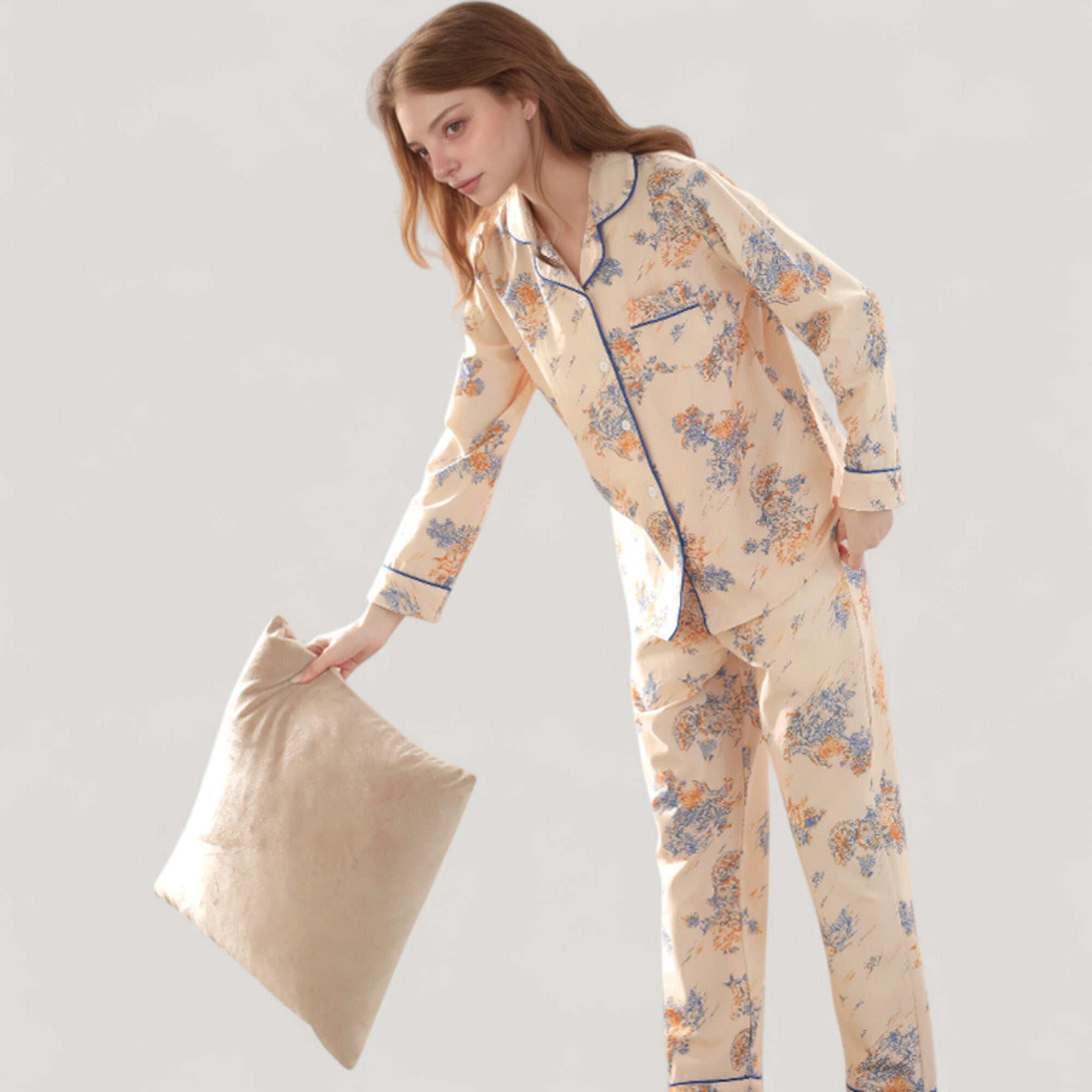 Anna-Kaci Lounge Women's Floral Print Satin Pajama Set Long Sleeve Button-Up Top with Contrast Piping and Matching Lounge Pants