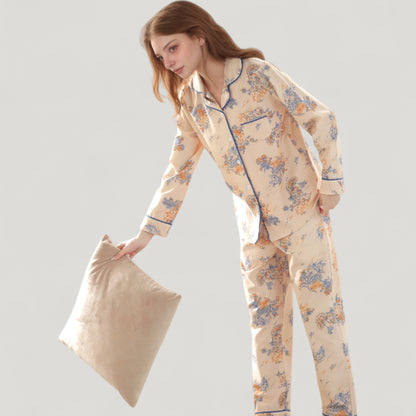 Anna-Kaci Lounge Women's Floral Print Satin Pajama Set Long Sleeve Button-Up Top with Contrast Piping and Matching Lounge Pants