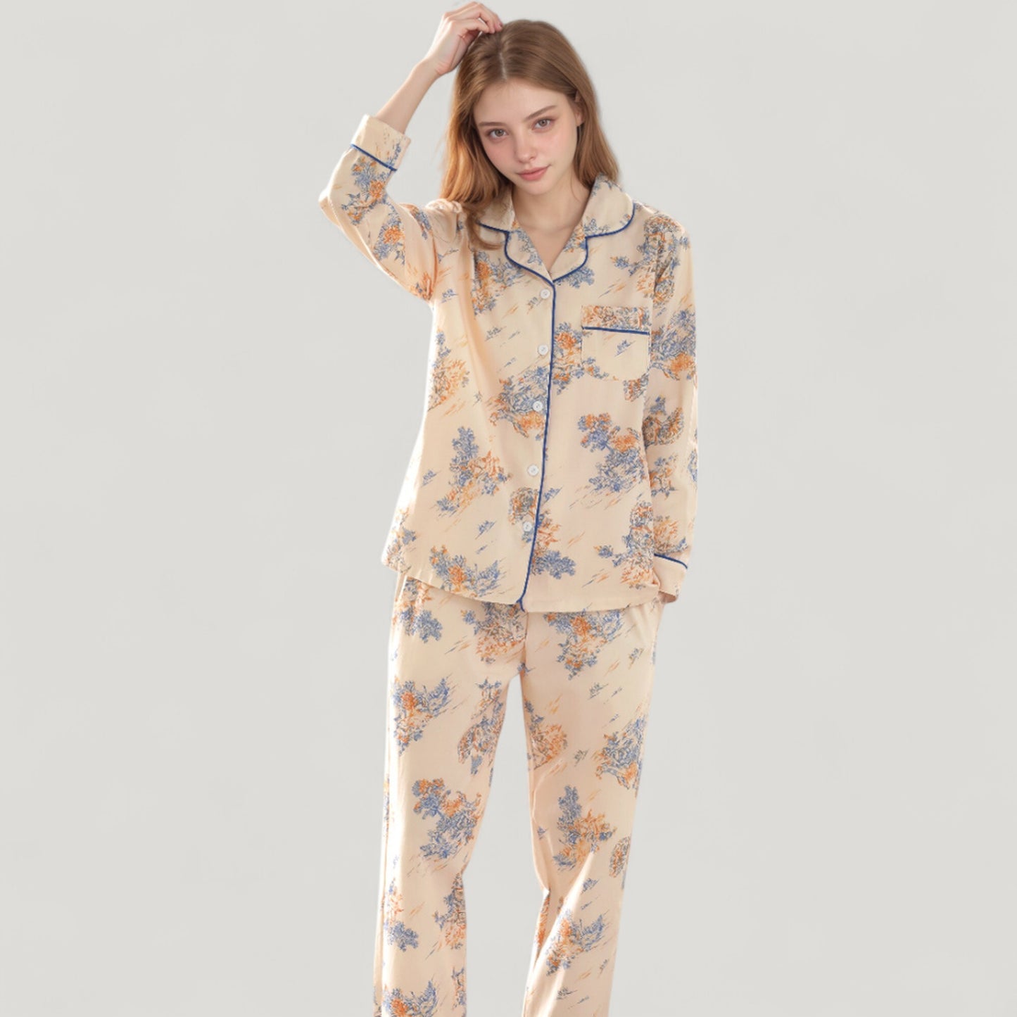 Anna-Kaci Lounge Women's Floral Print Satin Pajama Set Long Sleeve Button-Up Top with Contrast Piping and Matching Lounge Pants