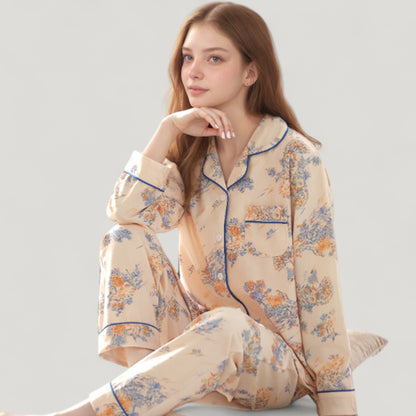 Anna-Kaci Lounge Women's Floral Print Satin Pajama Set Long Sleeve Button-Up Top with Contrast Piping and Matching Lounge Pants
