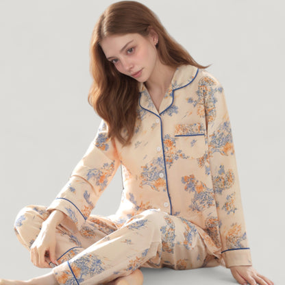 Anna-Kaci Lounge Women's Floral Print Satin Pajama Set Long Sleeve Button-Up Top with Contrast Piping and Matching Lounge Pants