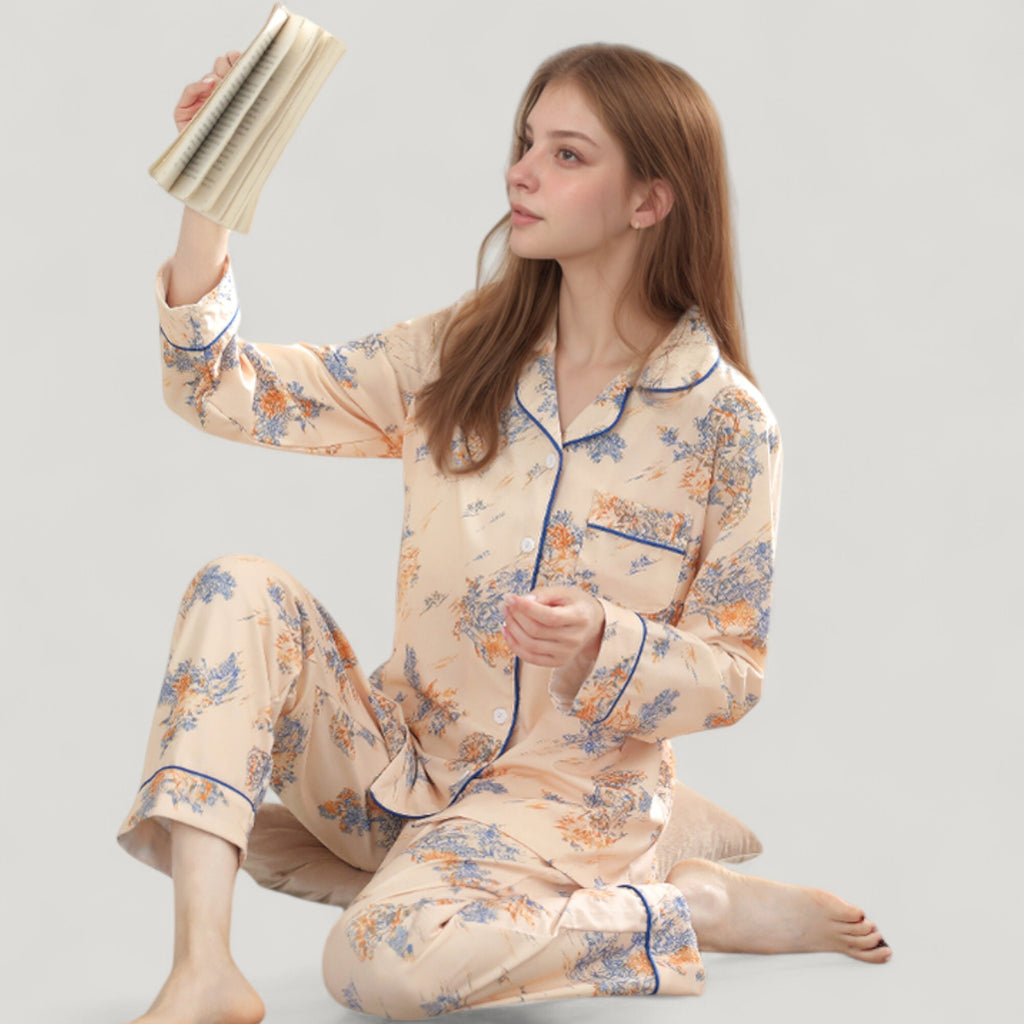 Anna-Kaci Lounge Women's Floral Print Satin Pajama Set Long Sleeve Button-Up Top with Contrast Piping and Matching Lounge Pants