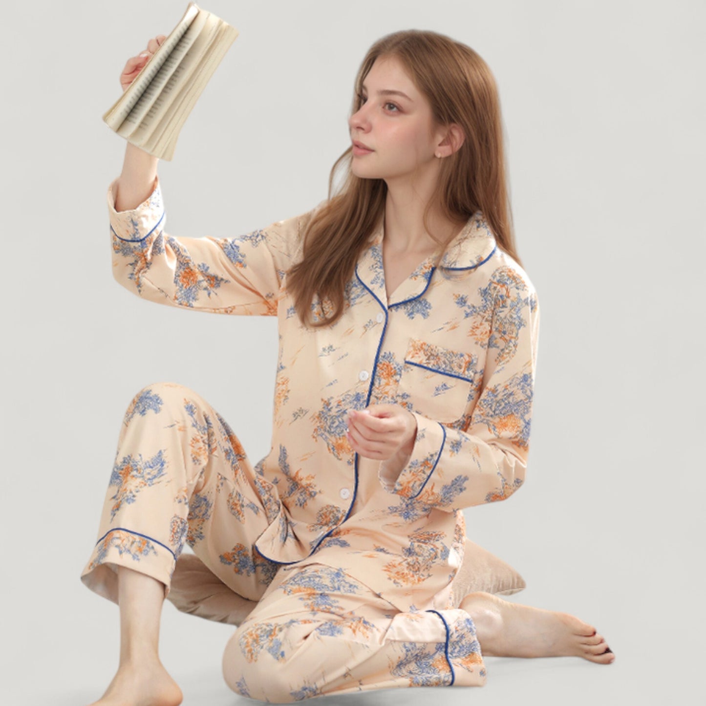 Anna-Kaci Lounge Women's Floral Print Satin Pajama Set Long Sleeve Button-Up Top with Contrast Piping and Matching Lounge Pants