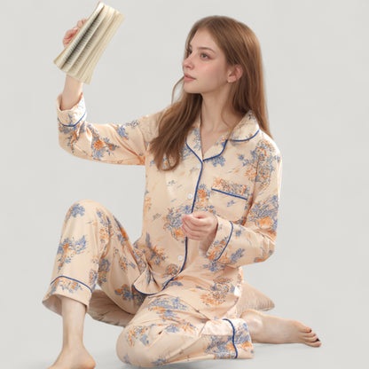Anna-Kaci Lounge Women's Floral Print Satin Pajama Set Long Sleeve Button-Up Top with Contrast Piping and Matching Lounge Pants