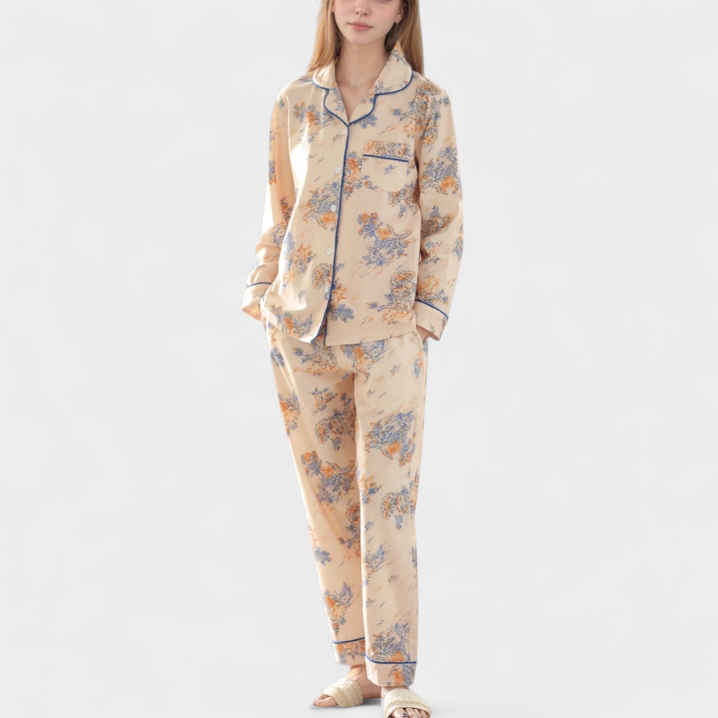 Anna-Kaci Lounge Women's Floral Print Satin Pajama Set Long Sleeve Button-Up Top with Contrast Piping and Matching Lounge Pants