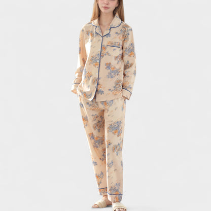 Anna-Kaci Lounge Women's Floral Print Satin Pajama Set Long Sleeve Button-Up Top with Contrast Piping and Matching Lounge Pants