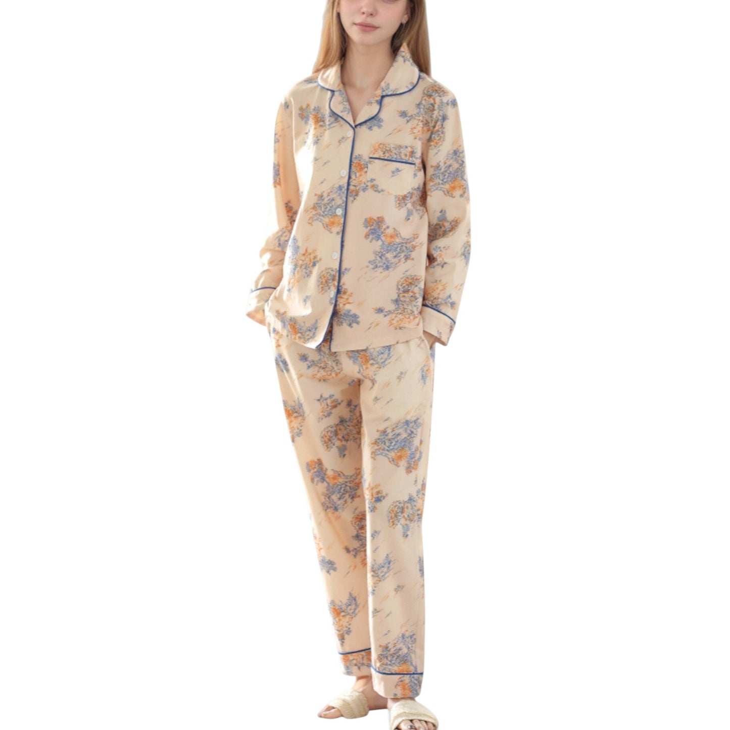 Anna-Kaci Lounge Women's Floral Print Satin Pajama Set Long Sleeve Button-Up Top with Contrast Piping and Matching Lounge Pants