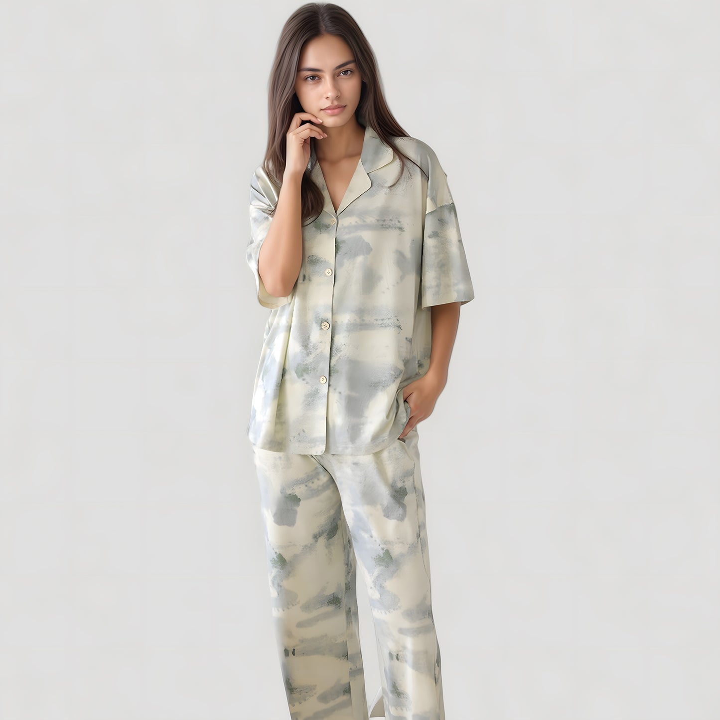 Anna-Kaci Lounge Women's Short Sleeve Watercolor Print Satin Pajama Set with Button Up Top and Wide Leg Pants