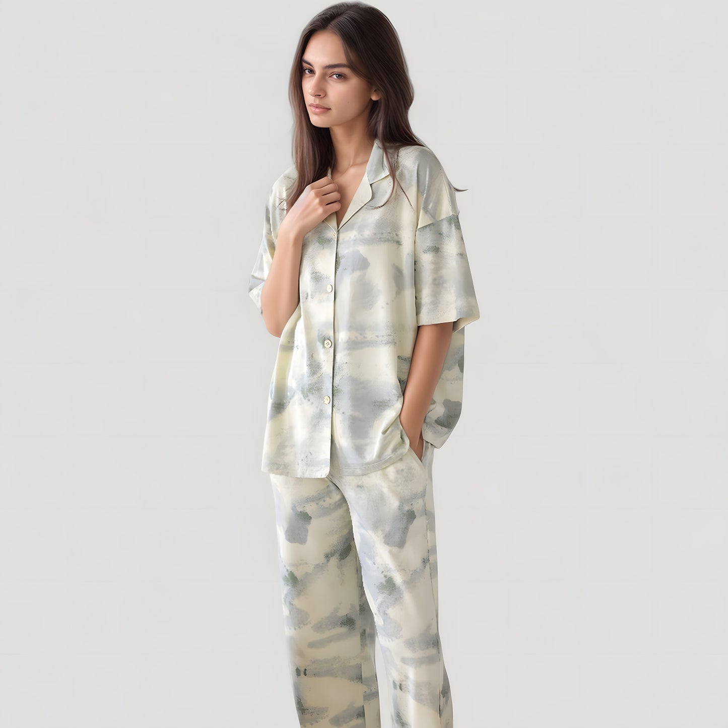 Anna-Kaci Lounge Women's Short Sleeve Watercolor Print Satin Pajama Set with Button Up Top and Wide Leg Pants