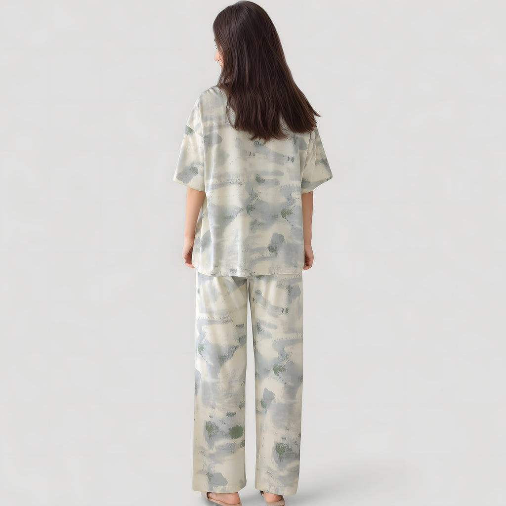Anna-Kaci Lounge Women's Short Sleeve Watercolor Print Satin Pajama Set with Button Up Top and Wide Leg Pants