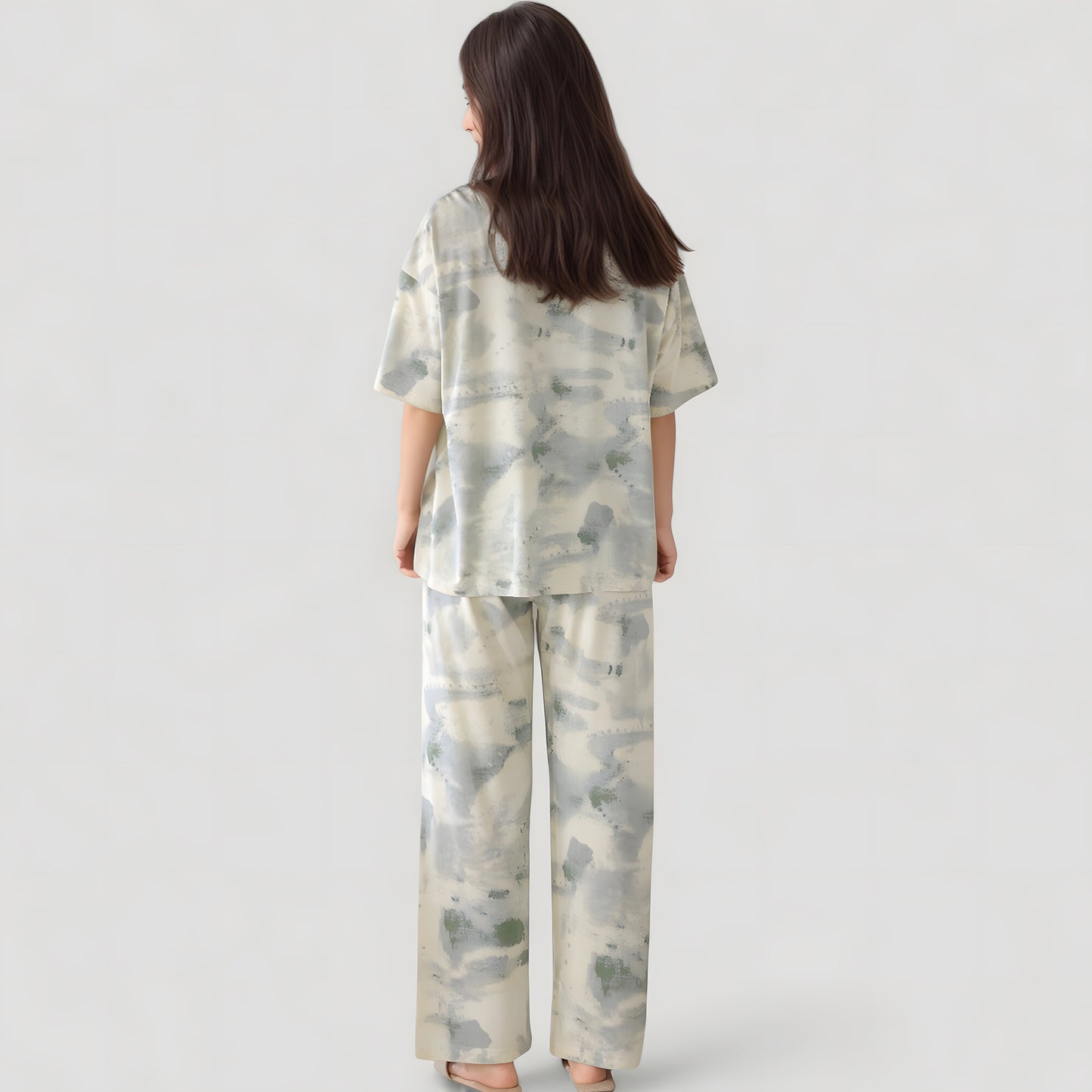 Anna-Kaci Lounge Women's Short Sleeve Watercolor Print Satin Pajama Set with Button Up Top and Wide Leg Pants